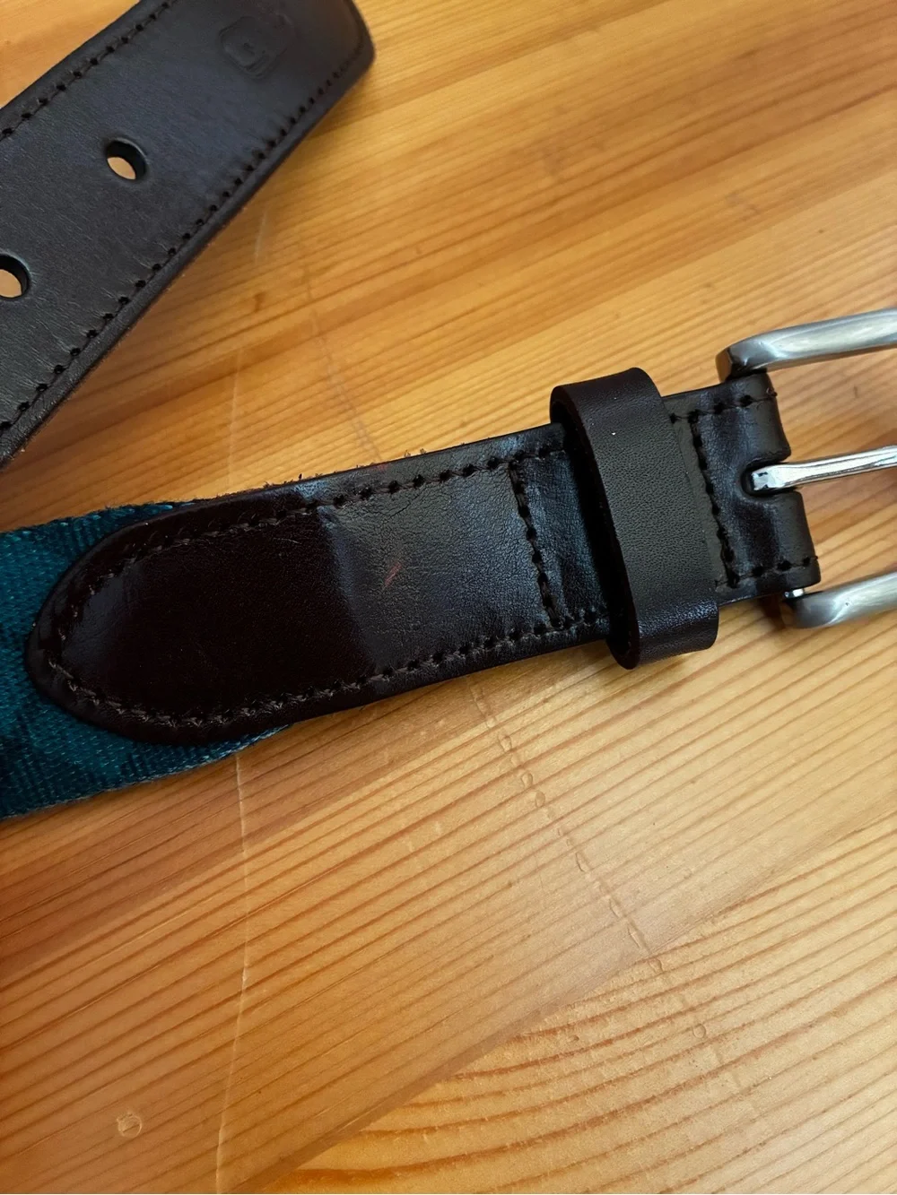 Vineyard Vines Navy & Green Plaid Canvas Belt with Brown Leather